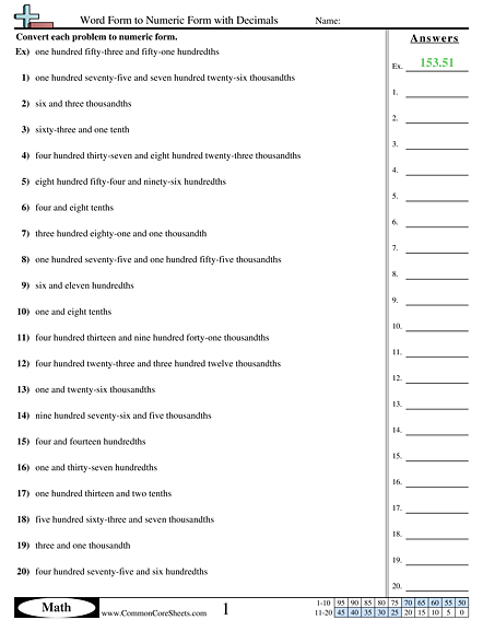 Converting Forms Worksheets - Word to Numeric With Decimals worksheet